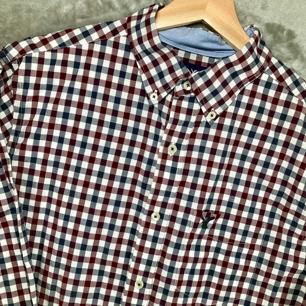 American Eagle Outfitters Mens Classic Fit Gingham Button Down Shirt Burgundy M